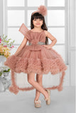 Dusty Pink Shimmer Party Gown with Dramatic Ruffles And Bow Accent For Girls