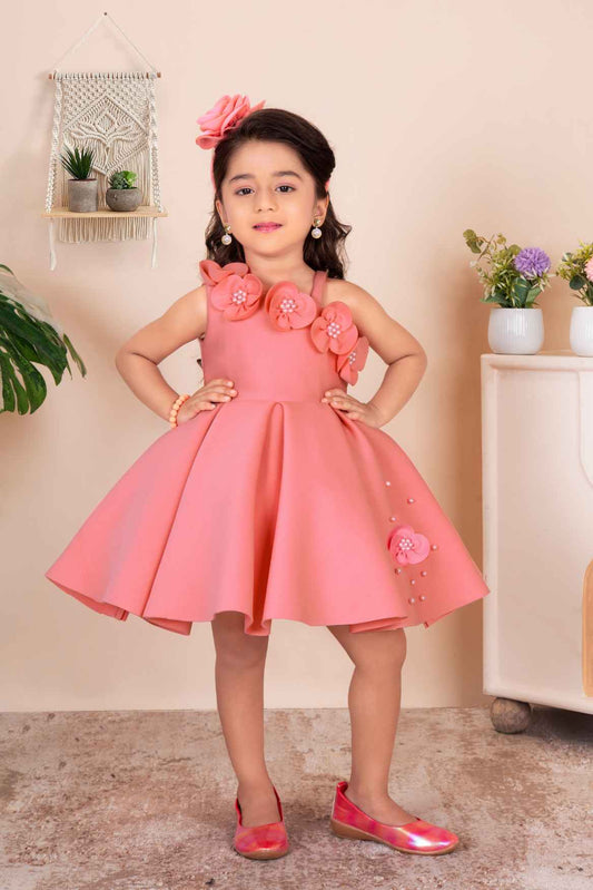 Peach Sleeveless With Floral Embellishment And Pearl Frock For Girls