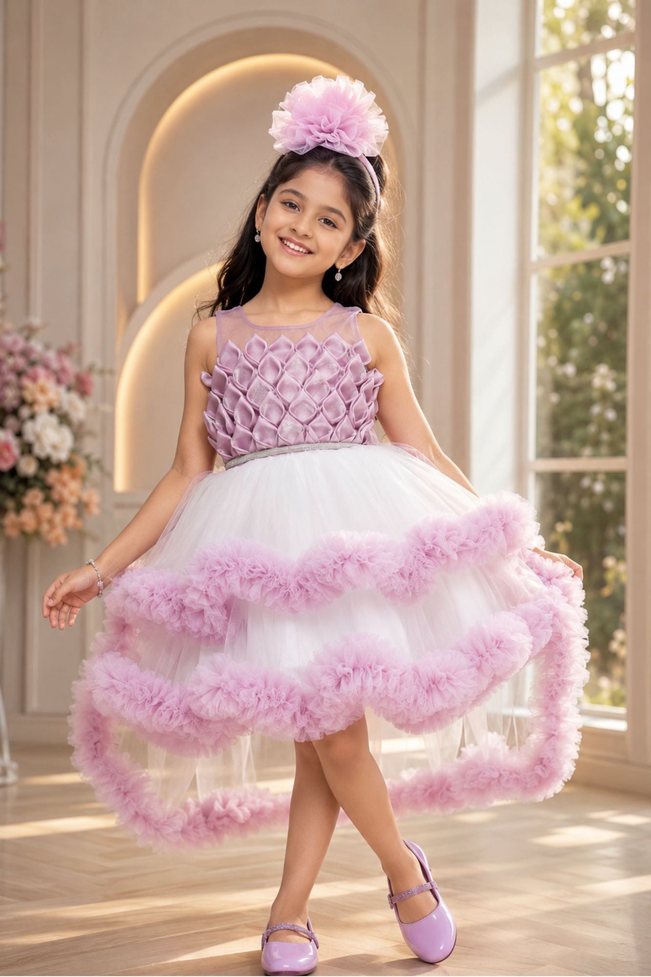 Onion Pink High-Low Party Wear Tulle Frock with Ruffle Layers For Girls
