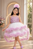 Onion Pink High-Low Party Wear Tulle Frock with Ruffle Layers For Girls