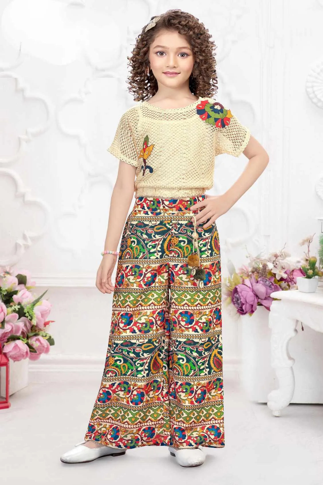 Cream Crochet Top With Multicolor Pants Set For Girls
