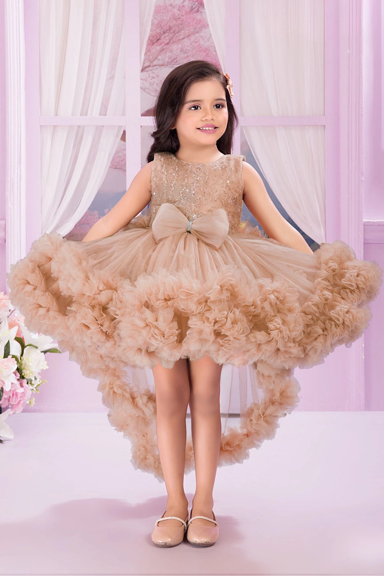 Fawn Sequin Bodice Party Wear Frock with Ruffle Hem & Bow Accent For Girls