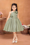 Olive Green Satin Frock With Floral Embellishment For Girls