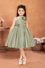 Olive Green Satin Frock With Floral Embellishment For Girls