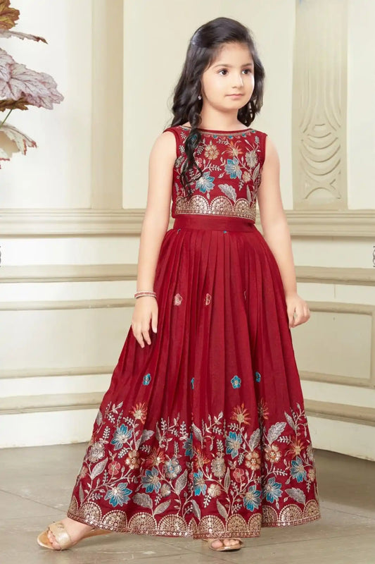 Maroon Floral Embroidered Ethnic Lehenga Choli for Girls