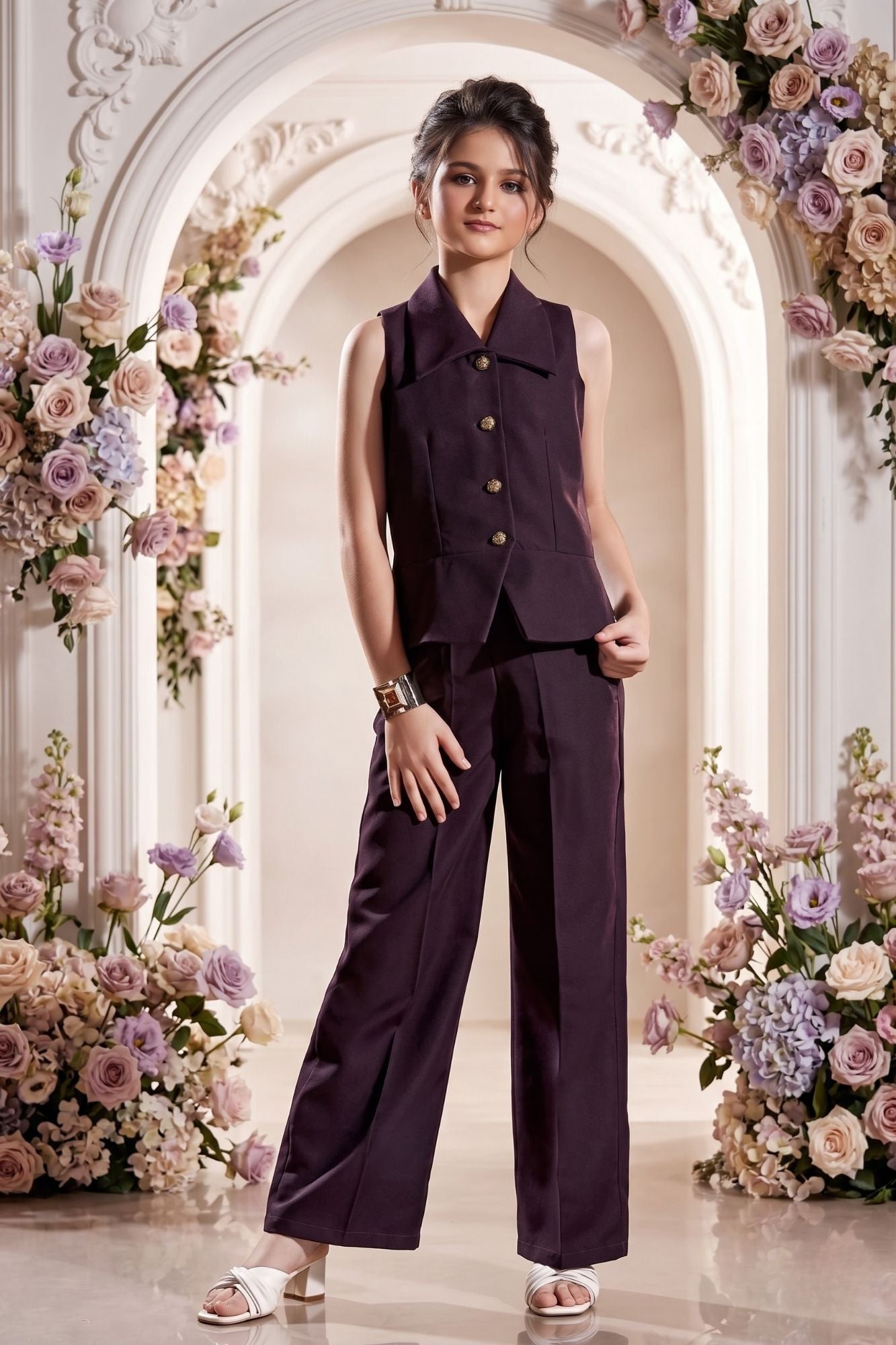 Girls Violet Co-Ord Set With Sleeveless Top And Wide-Leg Pants