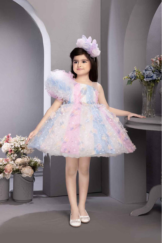 Multicolor Sequin Frock With Ruffled Aysmmetric Sleeves For Girls