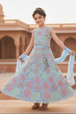 Sky Blue Floral Embroidered Lehenga Choli Set With Dupatta For Girls