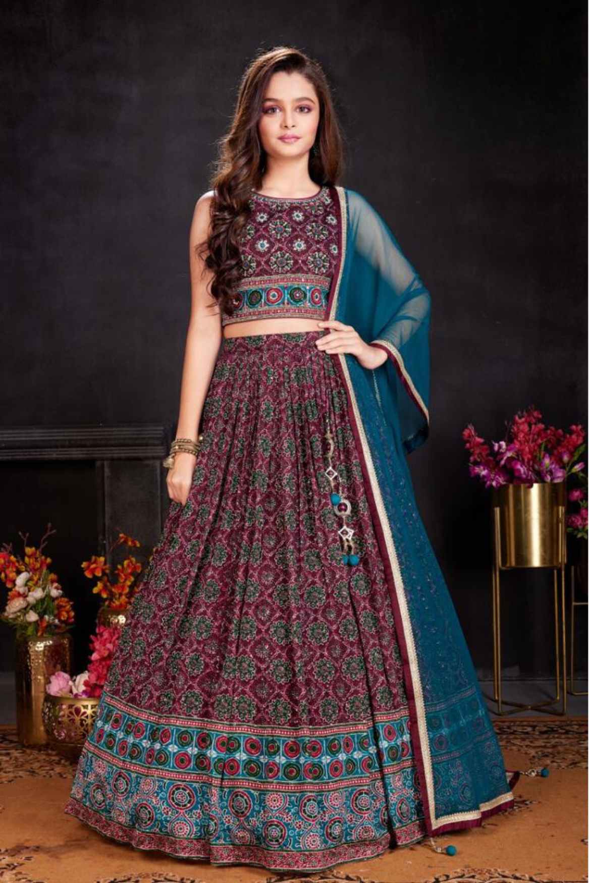 Wine & Teal Printed Lehenga Choli Set with Dupatta