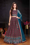 Wine & Teal Printed Lehenga Choli Set with Dupatta