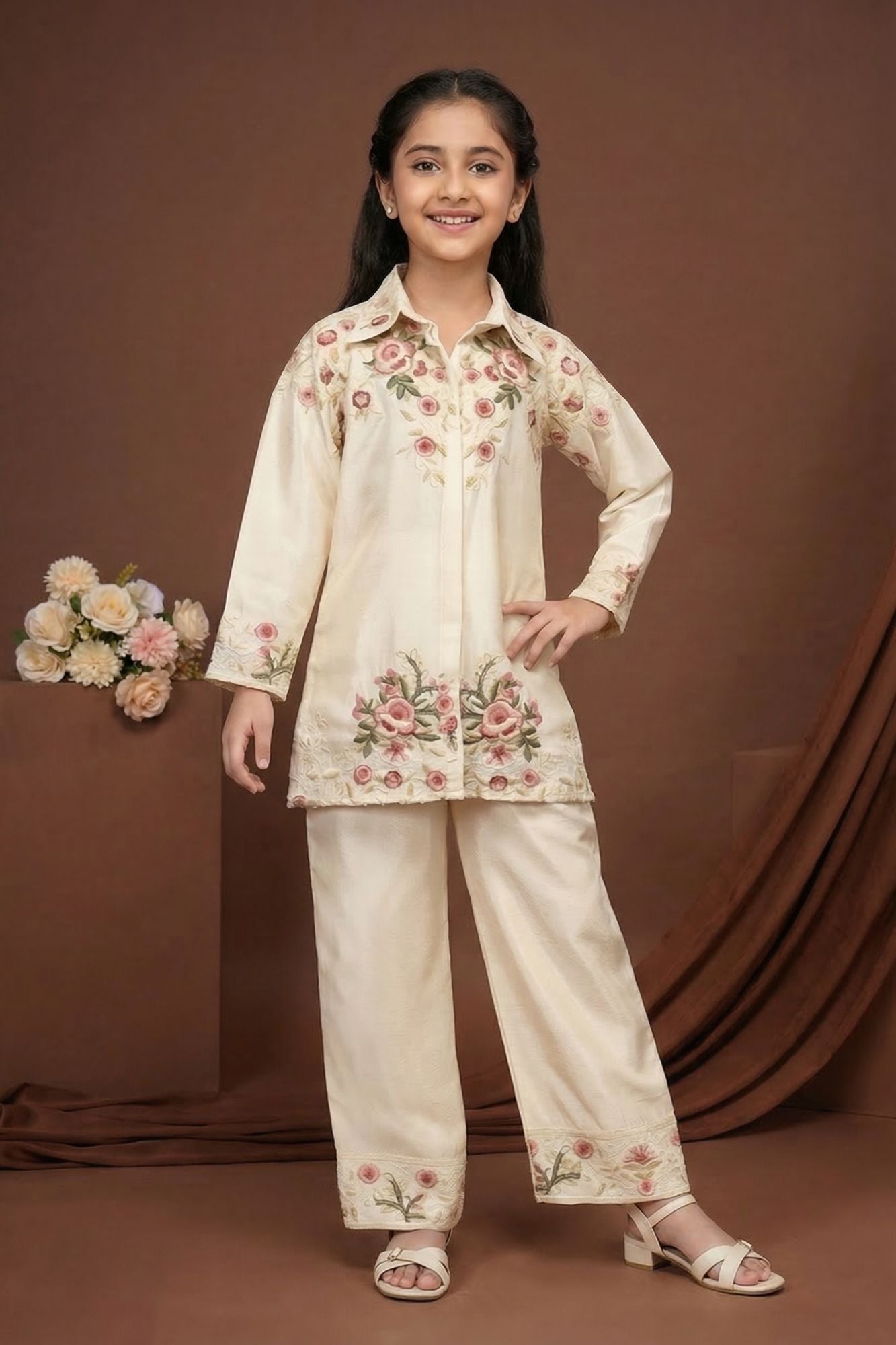 Cream Thread Embroidered Palazzo Set For Girls