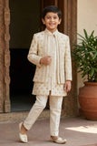 Cream Embroidered Indo Western Sherwani Set For Boys