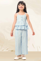 Blue And White Striped Sleeveless Layered Top And Pant Set For Girls