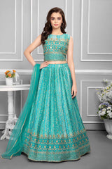 Blue Lehenga Choli With Printed And Sequin For Girls