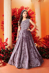 Purple Velvet Charm One-Shoulder Embroidered Gown For Girls
