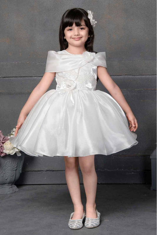 Designer Cream Satin Sequin And Floral Embellished Frock For Girls