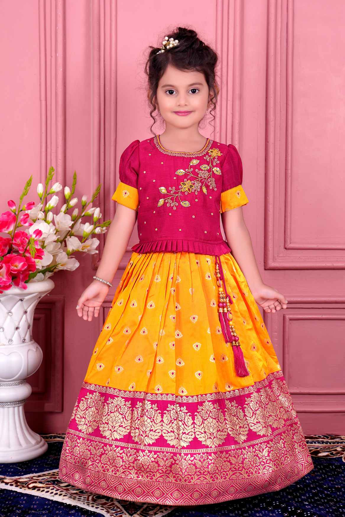 Pink and Mustard Yellow Pattu Pavadai Set With Embroidery For Girls