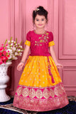 Pink and Mustard Yellow Pattu Pavadai Set With Embroidery For Girls
