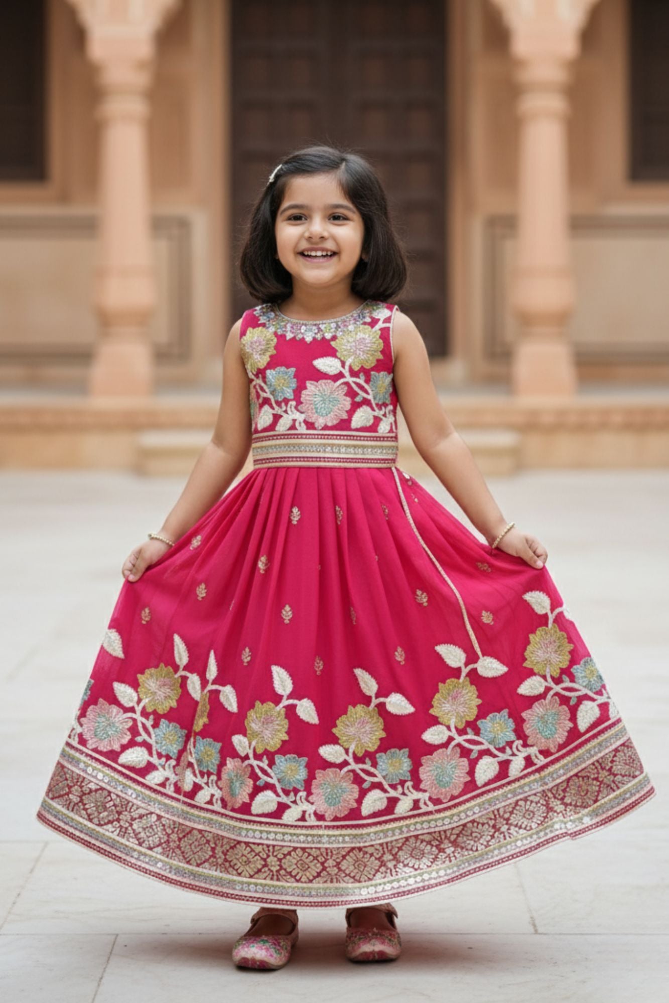 Fuchsia Pink Floral Embroidered Lehenga Choli Set For Girls