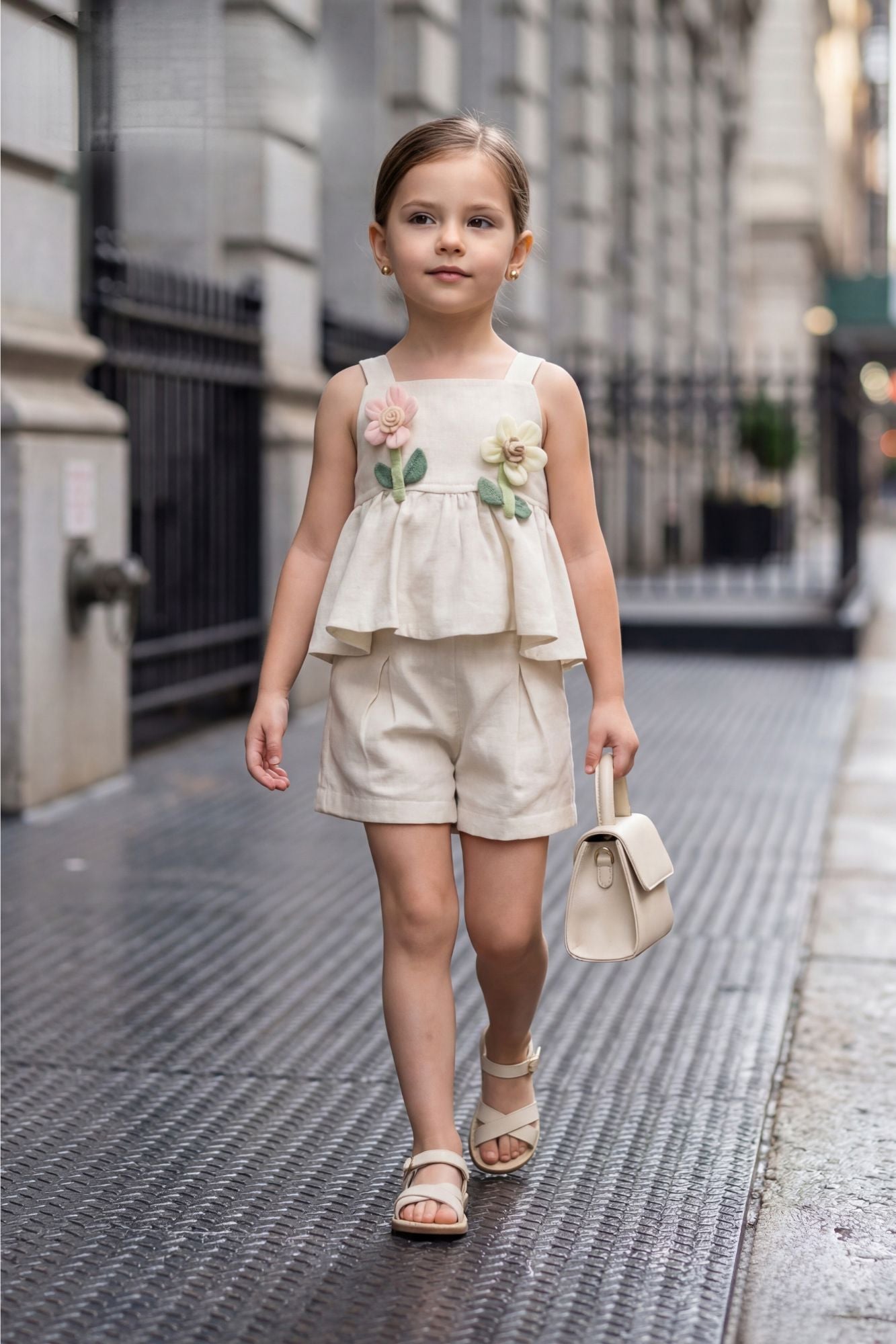Girls Cream Peplum Top And Shorts Co-Ord Set with Floral Applique