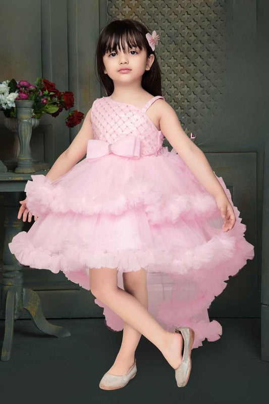 Pink Sequin Tailback Party Frock With Bow Embellishment For Girls - Lagorii Kids