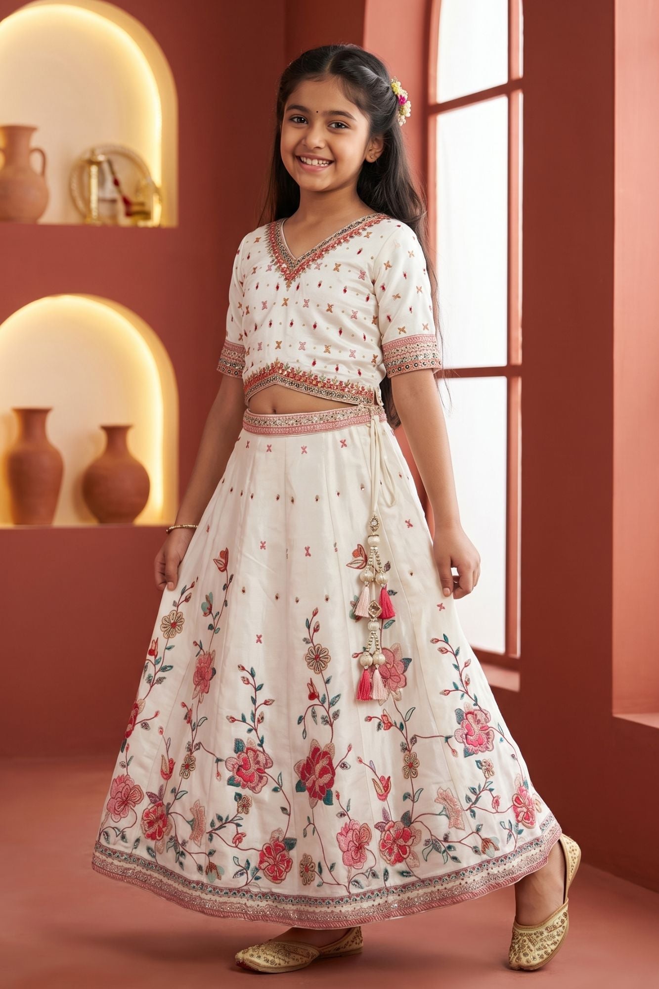 Ivory Floral Embroidered Lehenga Choli Set with Dupatta for Girls
