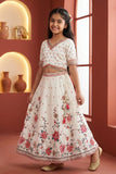 Ivory Floral Embroidered Lehenga Choli Set with Dupatta for Girls