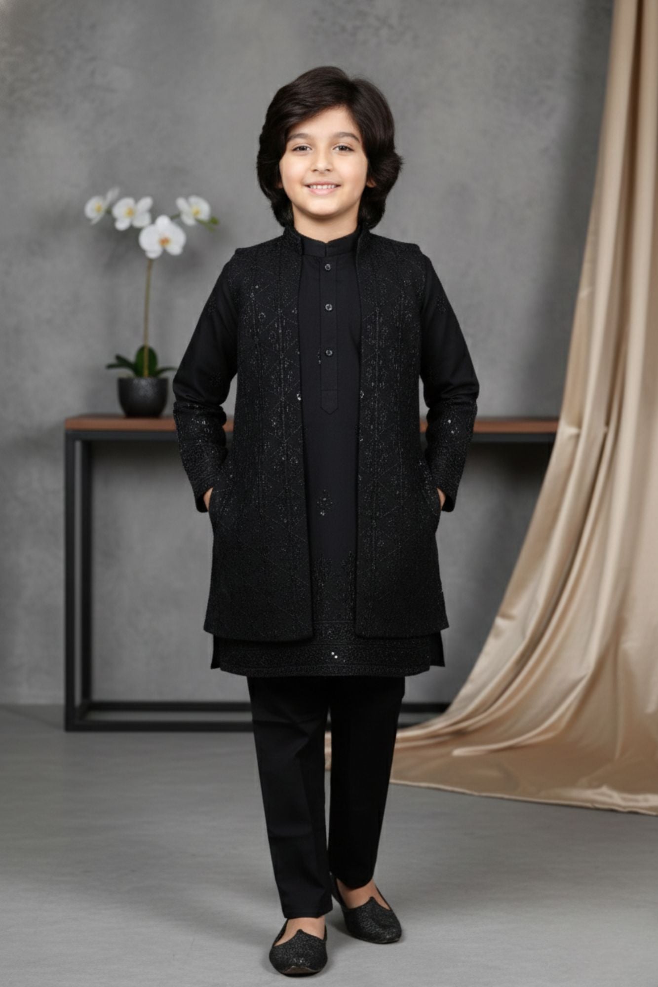 Black Sequins Embroidered Kurta Pajama Set with Ethnic Jacket for Boys