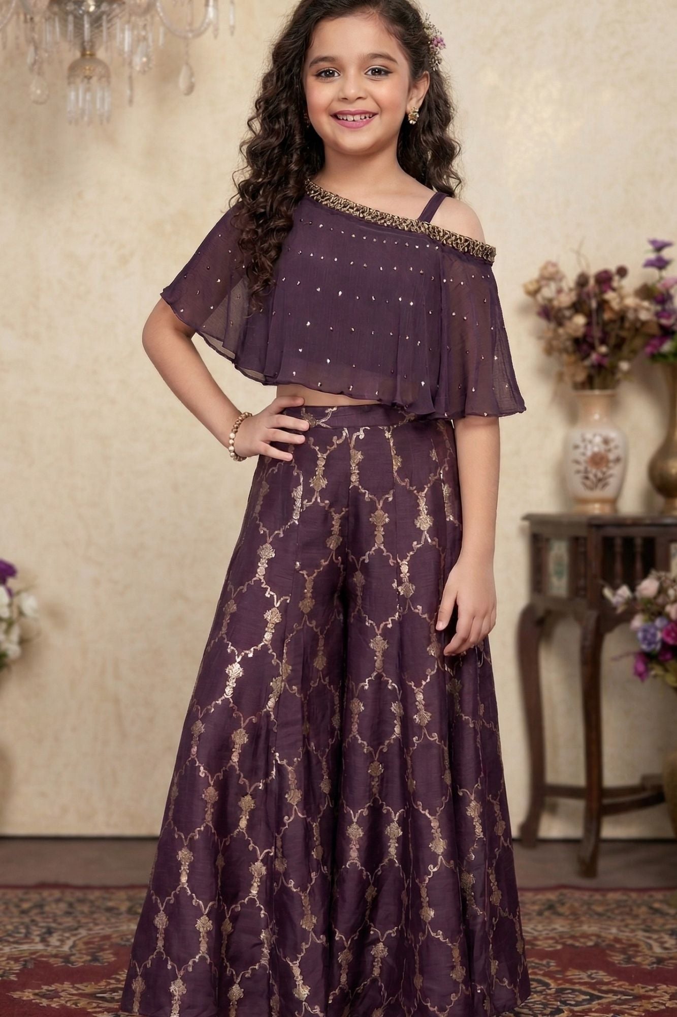Wine One-Shoulder Cape Top With Gold Foil Print Palazzo Set For Girls