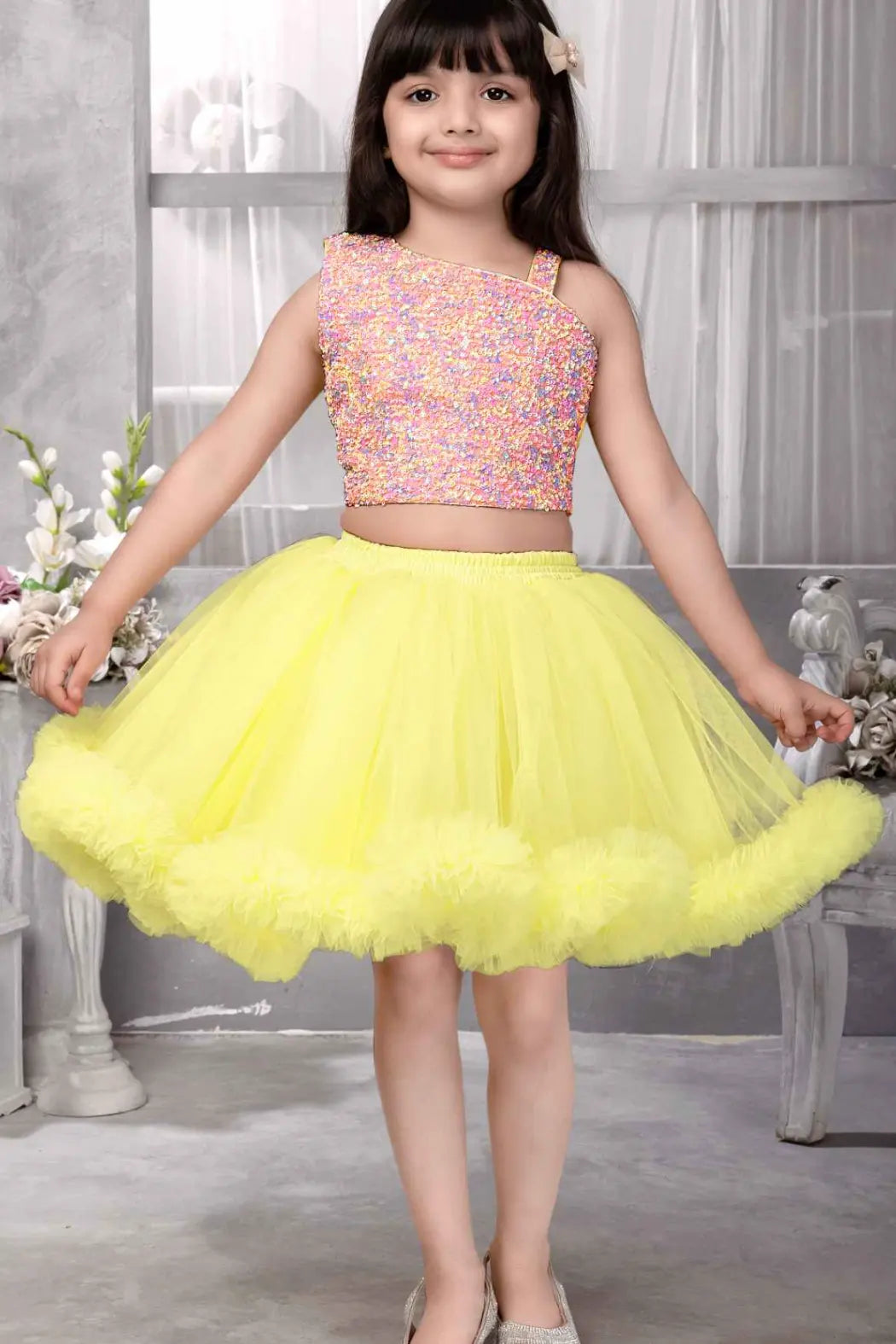 Lemon Yellow Frill Skirt with Multicolor Sequin One-Shoulder Top For Girls
