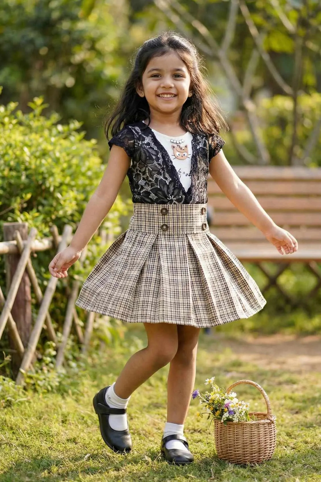 Lace Top With Checkered Skirt Set For Girls