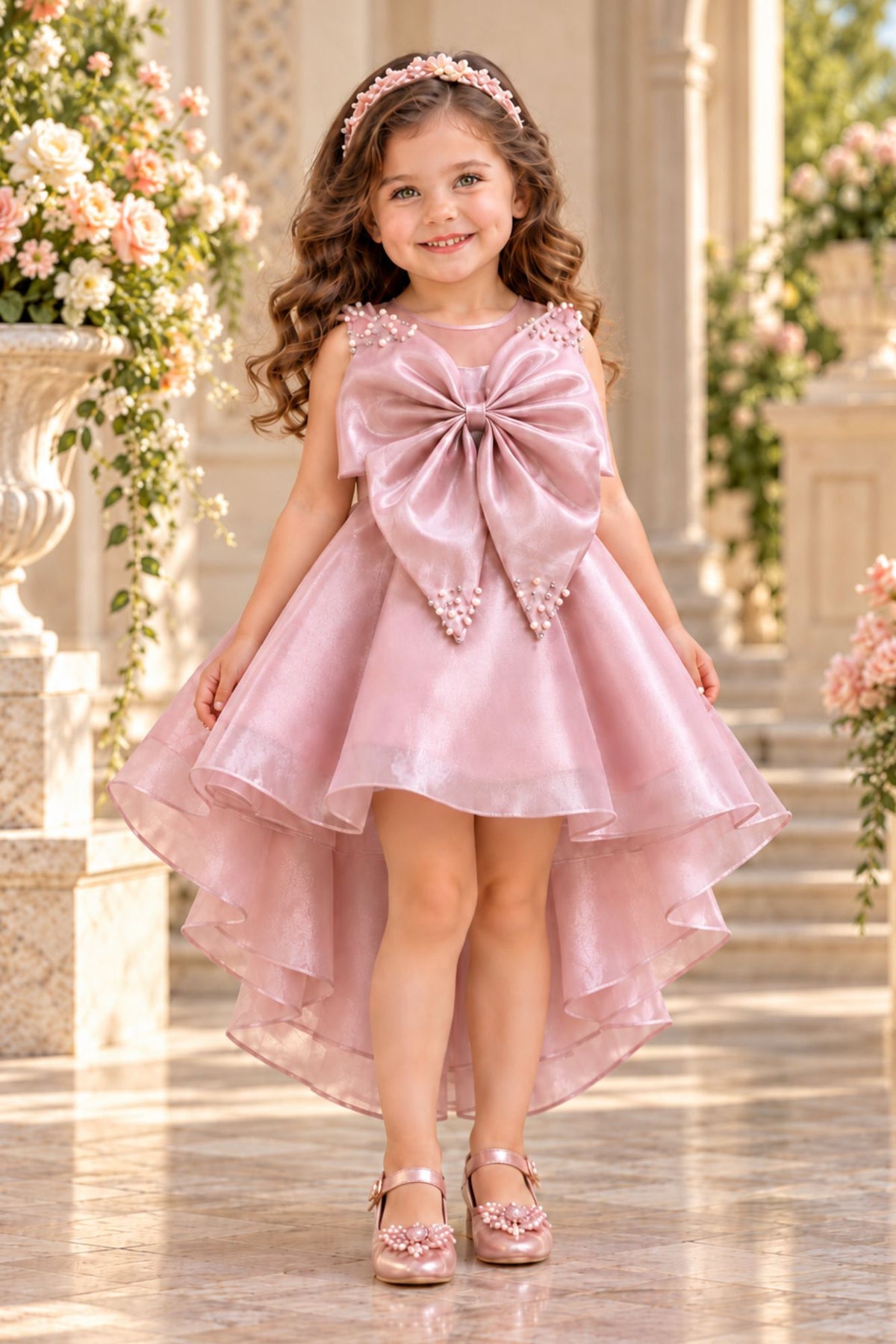 Girls  Blush Pink Statement Bow With Pearl Embellished Tail Back Party Wear Frock