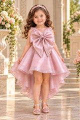 Girls  Blush Pink Statement Bow With Pearl Embellished Tail Back Party Wear Frock