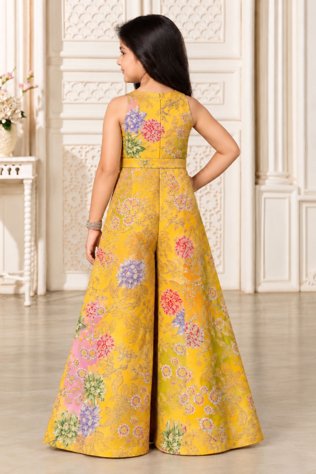 Girls Elegant Mustard Yellow Multicolor Floral And Embroidered Jump Suit