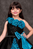 Black & Teal Floral Party Wear Frock with Statement Bow