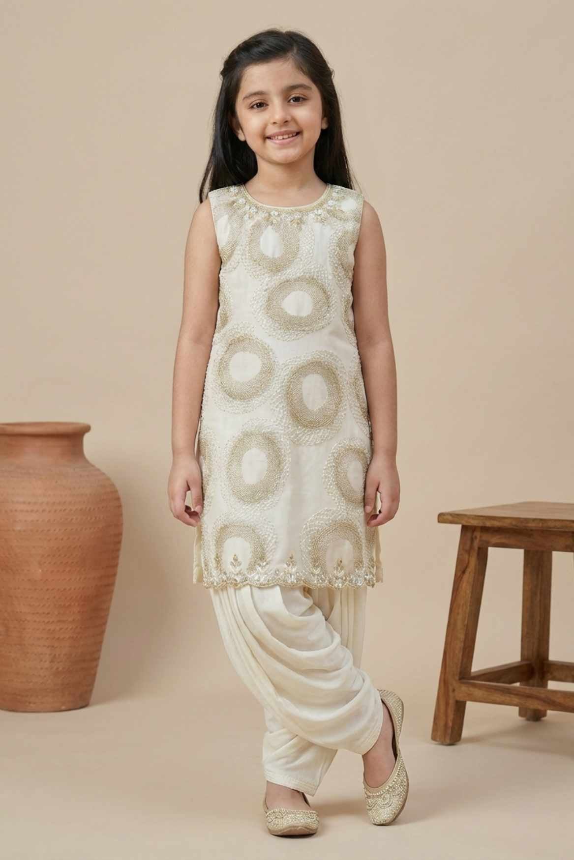 Ivory Gold Textured Kurti with Cream Patiala Set For Girls