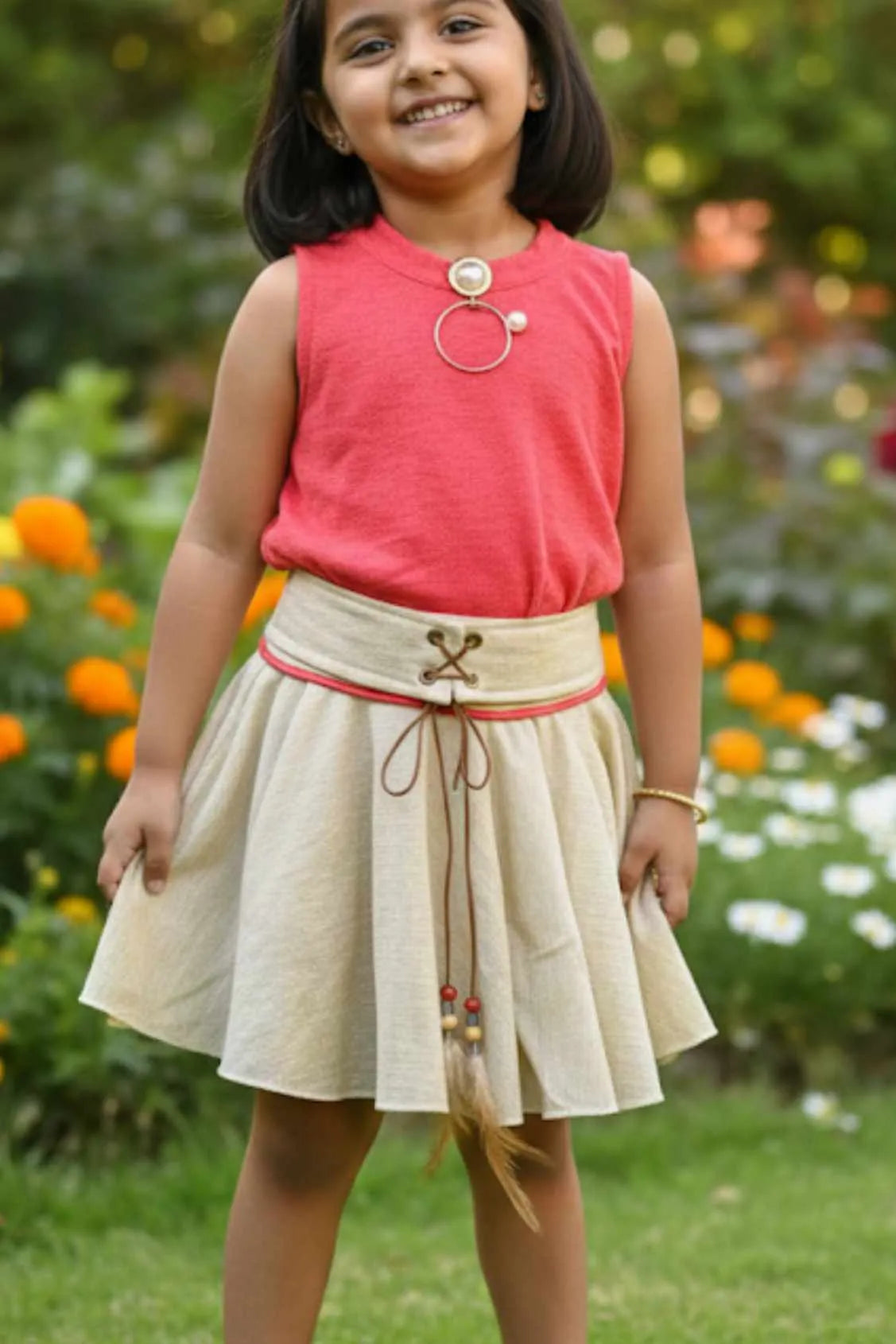 Peach Top with Beige Skirt For Girls
