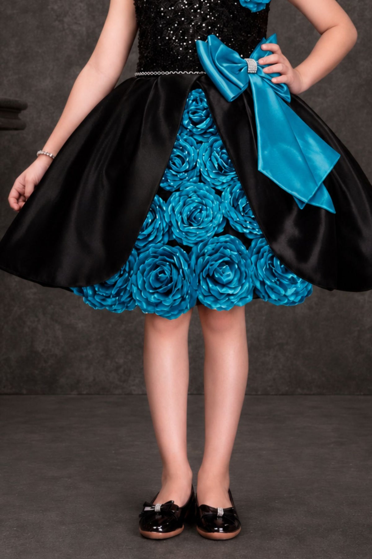 Black & Teal Floral Party Wear Frock with Statement Bow