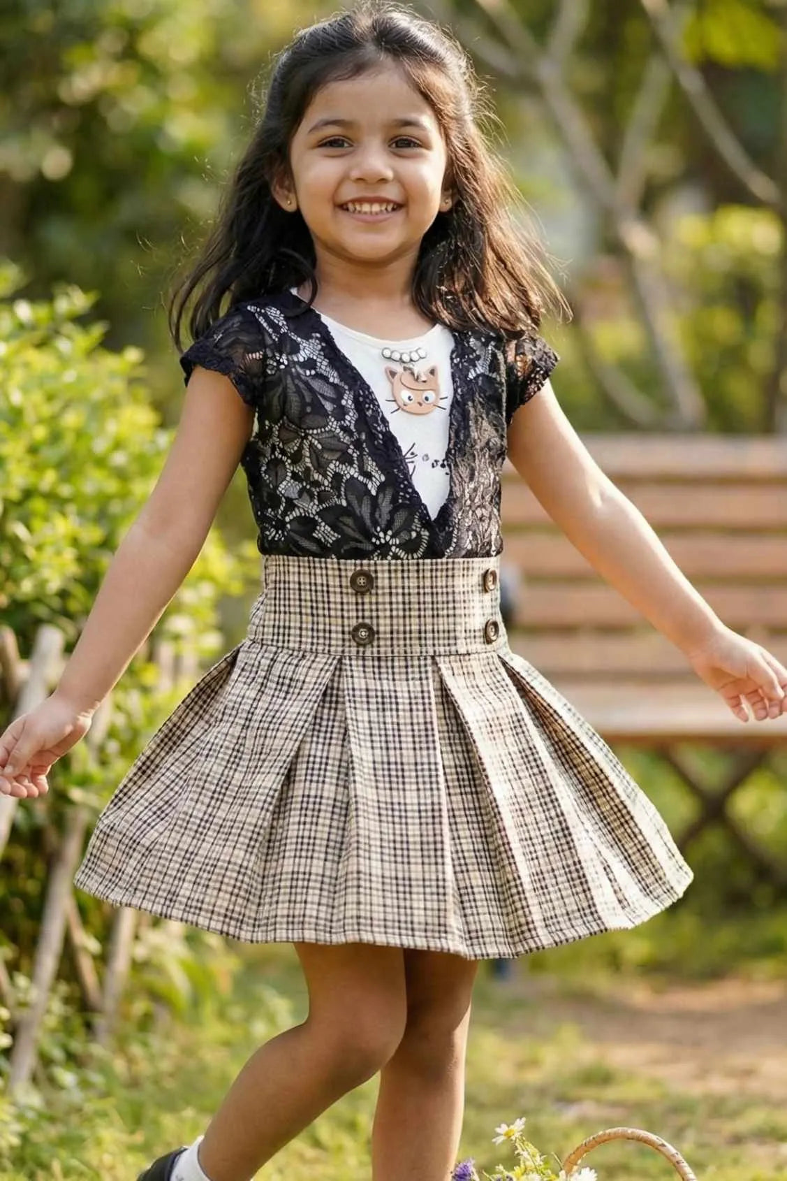 Lace Top With Checkered Skirt Set For Girls