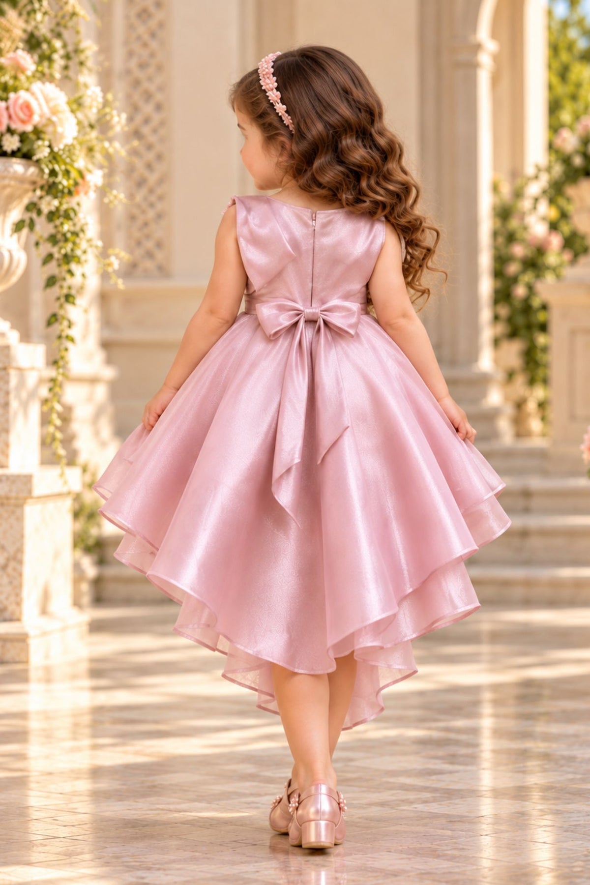 Girls  Blush Pink Statement Bow With Pearl Embellished Tail Back Party Wear Frock