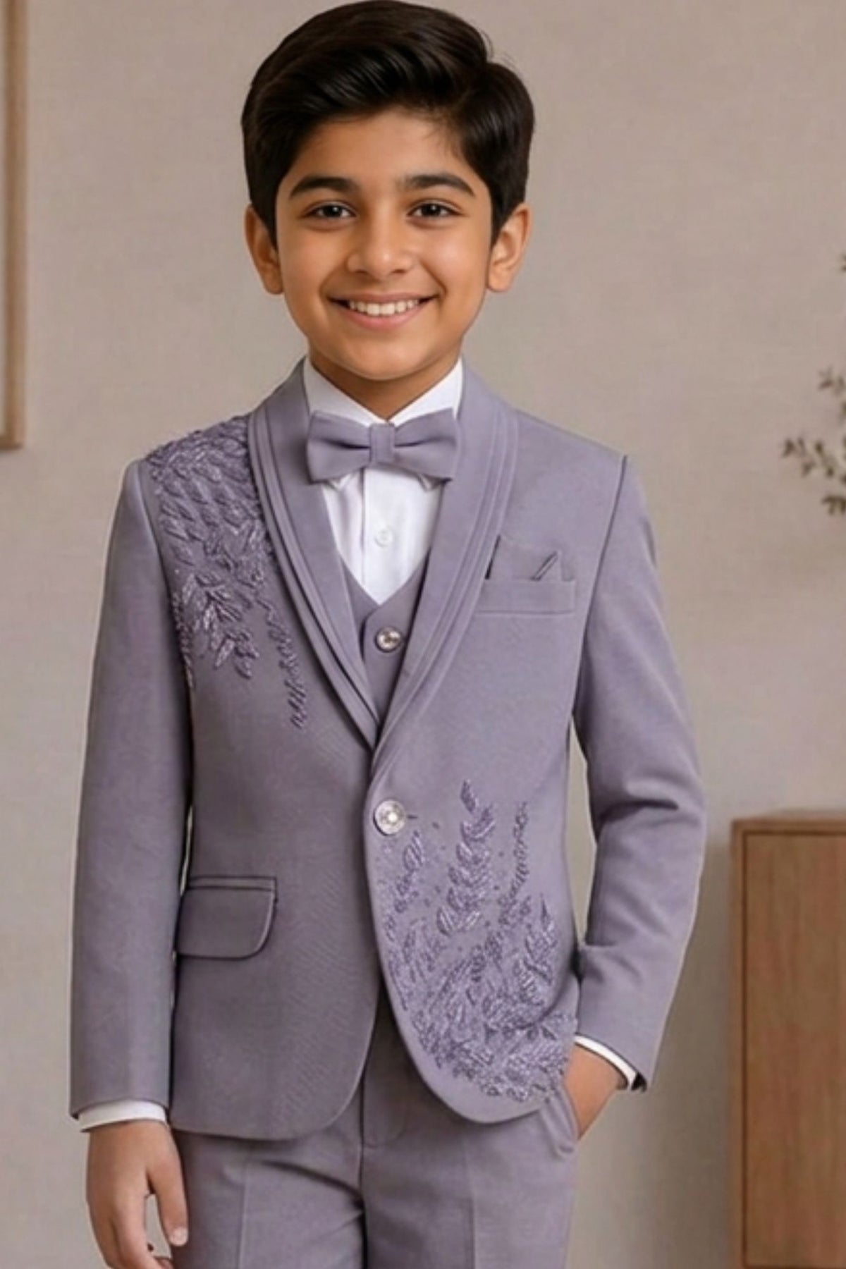 Boys Lavender Embellished Coat Suit With Waistcoat And Bow Tie