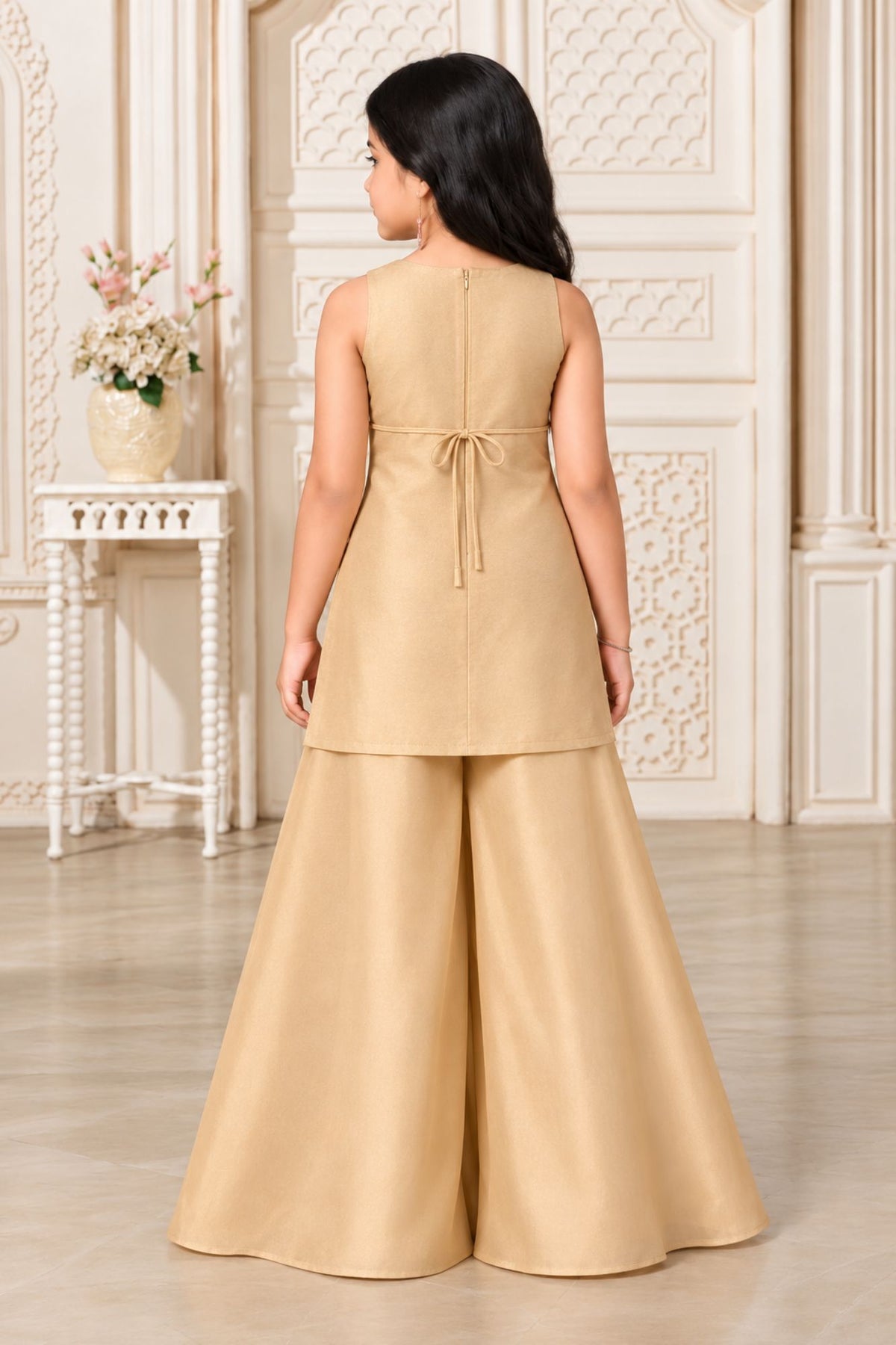 Girls Elegant Champagne Gold Densely Sequin Embellished Palazzo Set