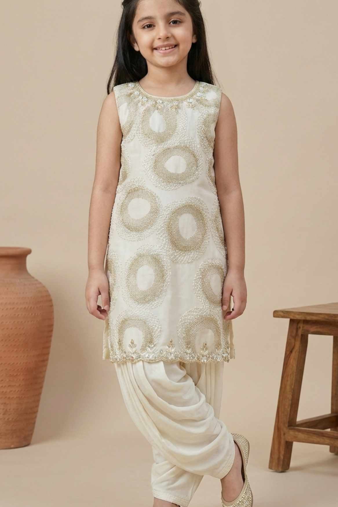 Ivory Gold Textured Kurti with Cream Patiala Set For Girls