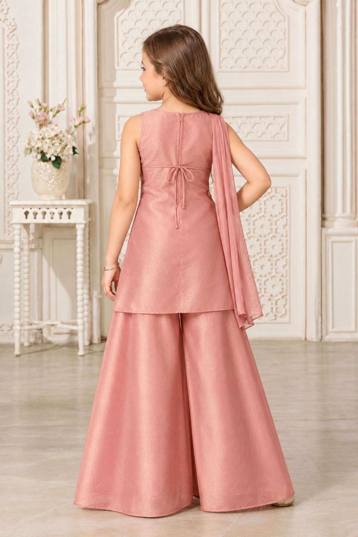 Girls Elegant Pink Densely Sequin Embellished Palazzo Set