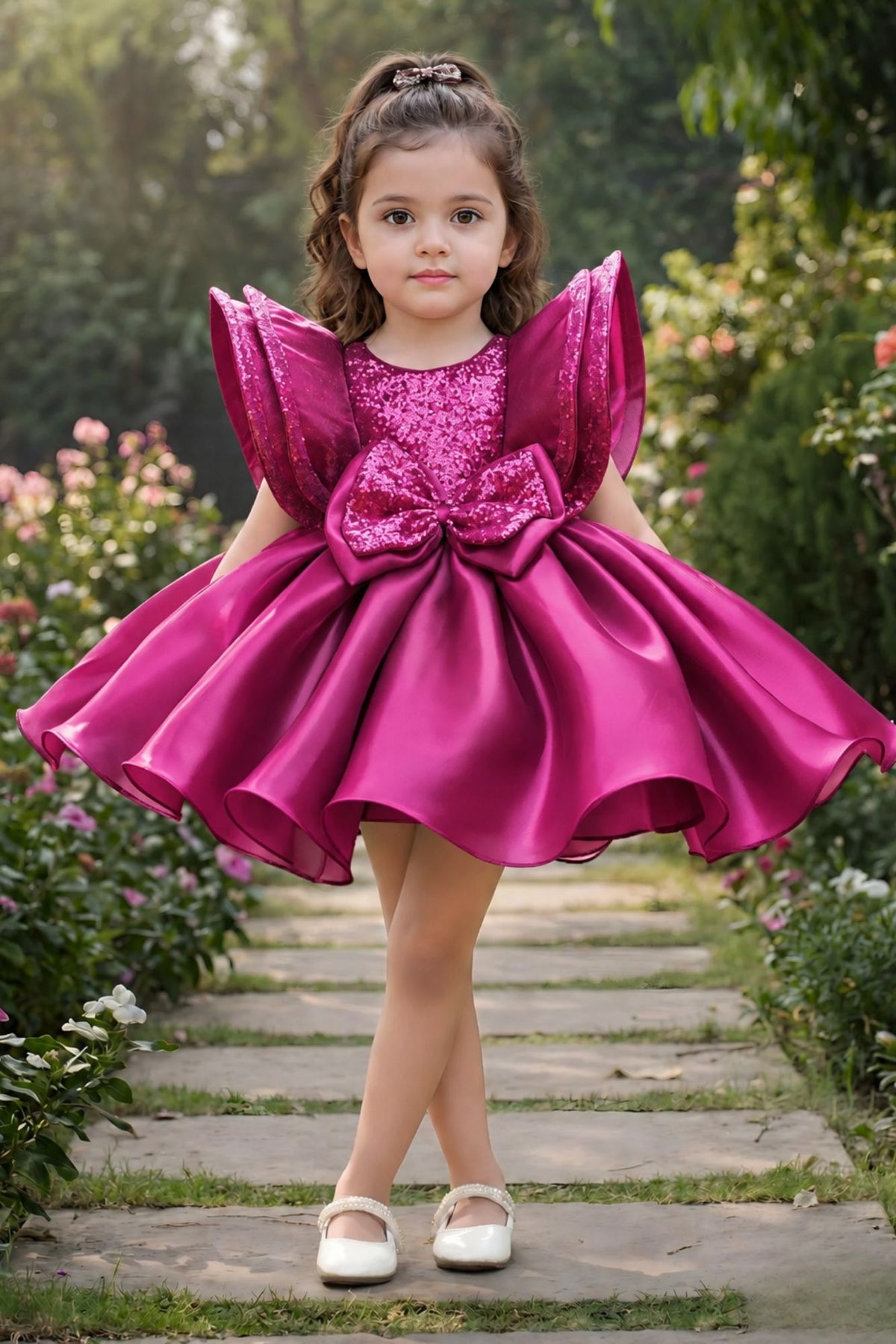 Pink Statement Bow Party Wear Frock for Girls