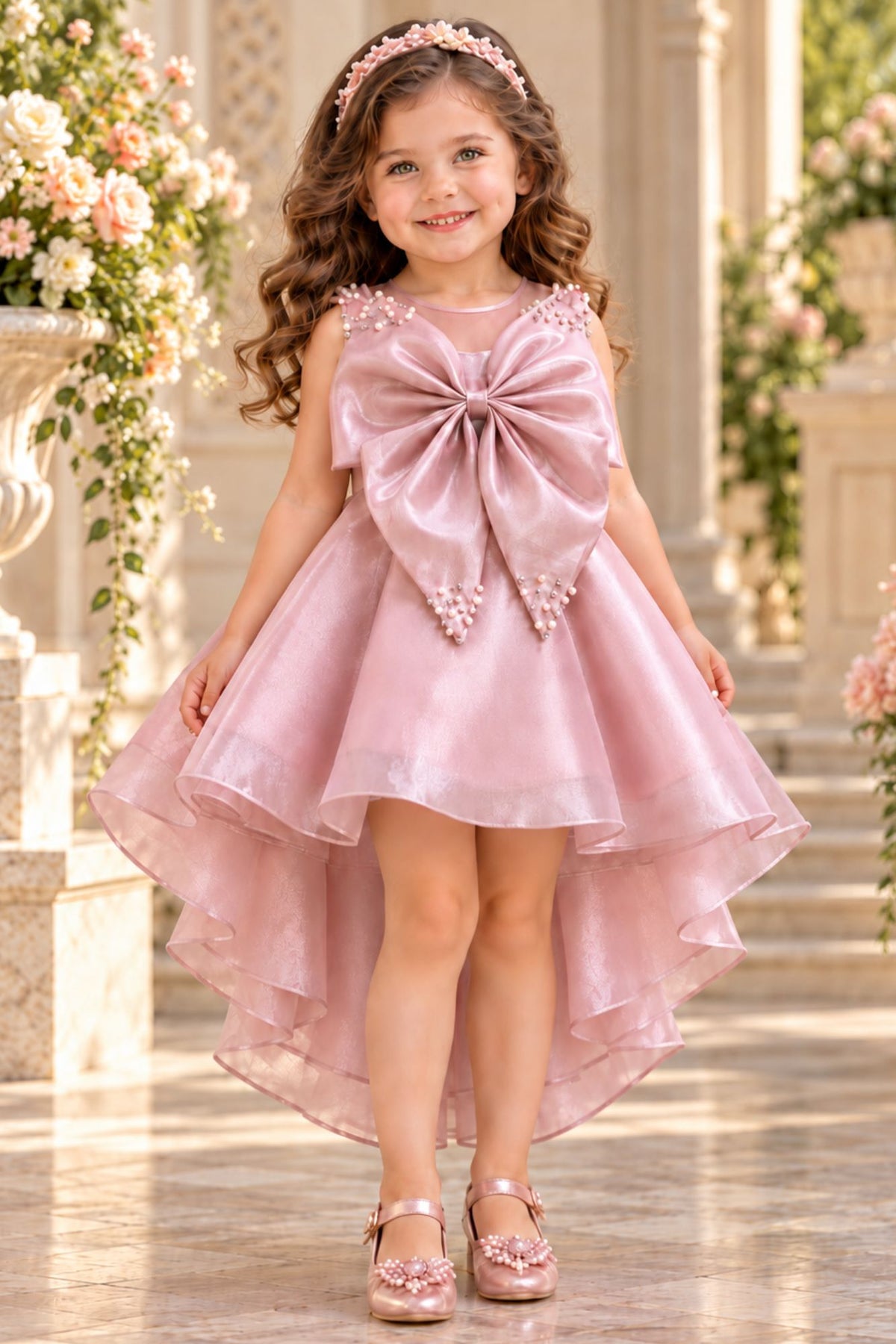 Girls  Blush Pink Statement Bow With Pearl Embellished Tail Back Party Wear Frock