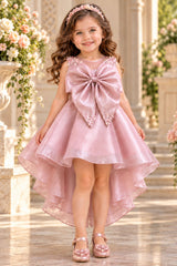 Girls  Blush Pink Statement Bow With Pearl Embellished Tail Back Party Wear Frock