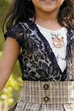 Lace Top With Checkered Skirt Set For Girls