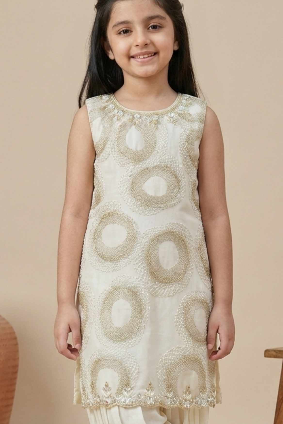 Ivory Gold Textured Kurti with Cream Patiala Set For Girls