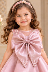 Girls  Blush Pink Statement Bow With Pearl Embellished Tail Back Party Wear Frock